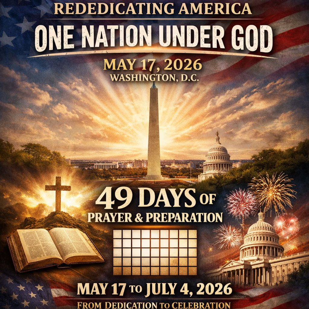 JuanOSavin107's tweet photo. President Trump announces a national initiative to rededicate the United States of America as "One Nation Under God," timed for the nation's 250th anniversary celebrations. The campaign emphasizes a period of prayer leading up to a major event in the nation's capital. 
Main Event: A National Jubilee of Prayer, Praise, and Thanksgiving will take place on May 17, 2026, at the National Mall in Washington, D.C. 
Duration: The event initiates "49 Days of Prayer & Preparation," running from May 17 through July 4, 2026. 
Purpose: To celebrate the country's 250th birthday by rededicating it to religious principles. 
CBN with the Announcement: 
https://t.co/zErBSGGmAJ                                          

The meaning of the number 49 is derived from the fact that it is 7 times 7. Seven is a Biblically perfect numeral representing spiritual perfection. 49 is also related to the unlimited forgiveness God offers us and which he commands we should offer our fellow humans.

One day Peter asked Jesus how many times he should forgive a person who sinned against him. He mentioned to the Lord that he thought forgiving someone seven times seemed to be enough. The Lord's response, however, involved 49.

    Jesus said to him, "I do not say to you until seven times, but until seventy times seven (490 or 49 x 10)." (Matthew 18:22, HBFV).