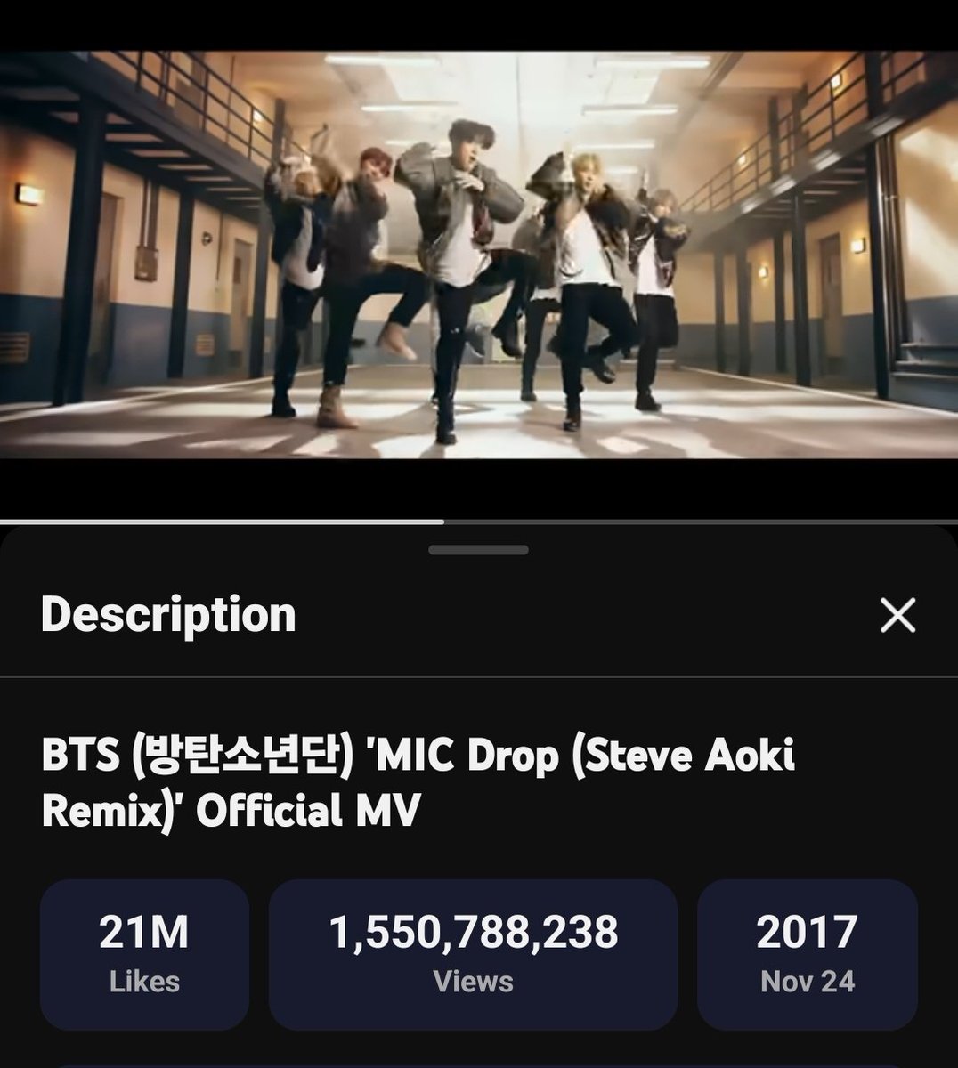 “MIC Drop (Steve Aoki Remix)” by #BTS Official MV has surpassed 1.550 Billion views on YouTube.