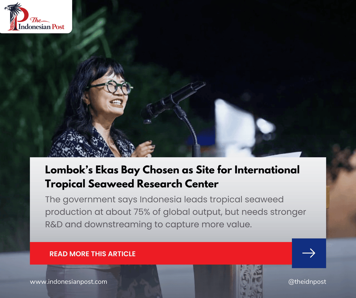 Lombok’s Ekas Bay Chosen as Site for International Tropical Seaweed Research Center

indonesianpost.com/2026/02/15/ind… 

#IndonesiaSeaweed
#SeaweedResearch
#ITSRC
#EkasBay
#EastLombok
#CoastalDevelopment
#Carrageenan
#MarineBiotechnology
#IndonesiaNews #IndonesianPost #IndonesiaUpdate