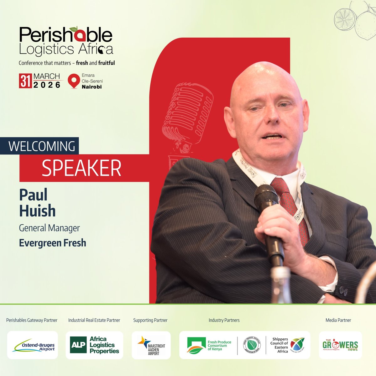We’re delighted to welcome Paul Huish, General Manager, #EvergreenFresh, as a speaker at Perishable Logistics Africa (PLA) 2026, taking place on 31 March 2026 in Nairobi.

Event website:
PLA 2026: statmarcomgroup.com/pla/

#PLA2026 #SpeakerAnnouncement #PerishableLogistics