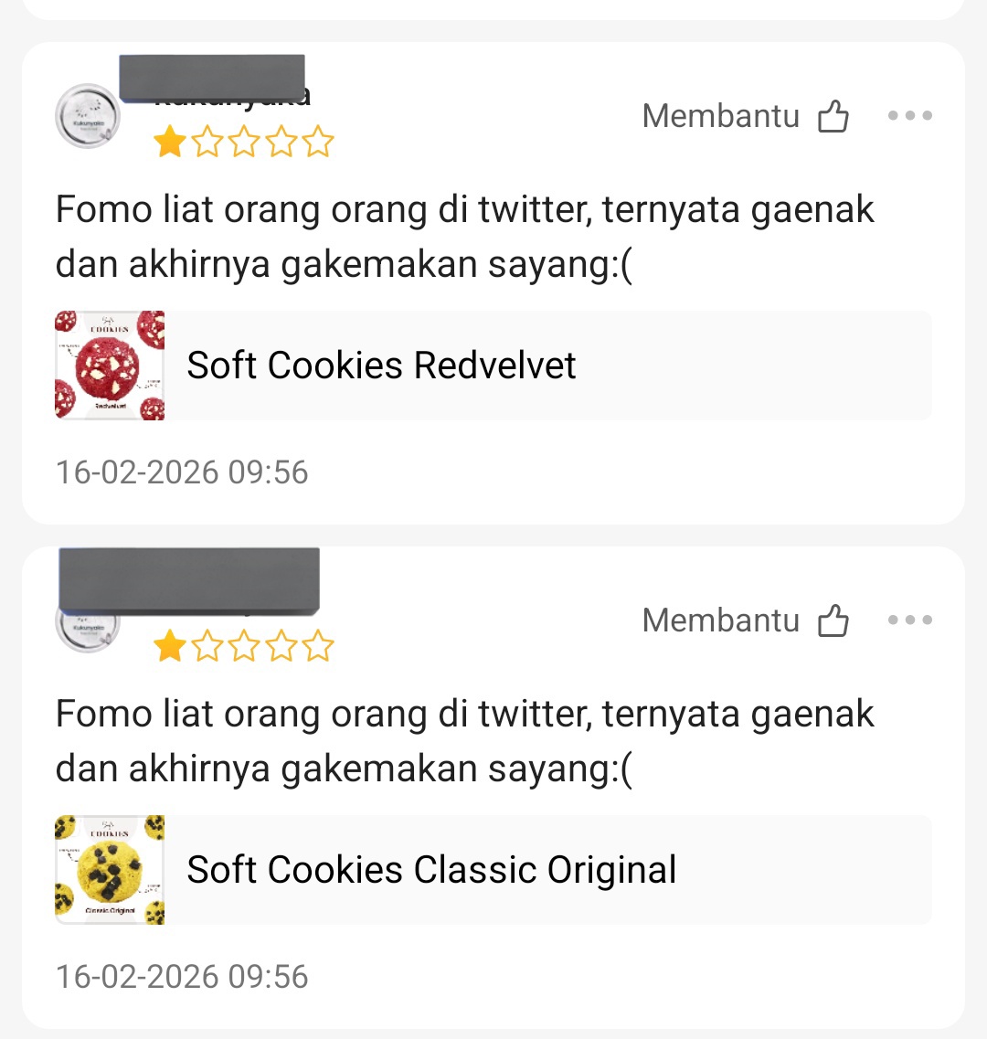 Sedih sih dapet bintang 1 dan komennya sampai bilang gak kemakan karena gak enakk 🥺 tapi gapapa namanya jualan

Tapi Buat kakak2 semua kalian BOLEH BANGET ajuin full refund,kalau produk yg diterima sekiranya bermasalah atau bener2 gak cocok pas kakaknya Terima/makan  🥲🙏❤