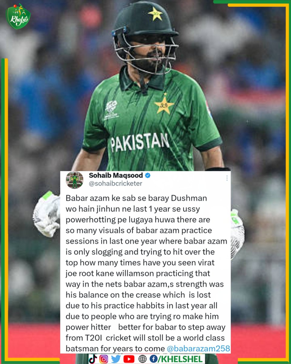 khelshel's tweet photo. Sohaib Maqsood calls enemies to those who asked Babar Azam for power hitting.

#Cricket | #Pakistan | #SohaibMaqsood | #BabarAzam | #T20WorldCup https://t.co/H0HNuS7zuN