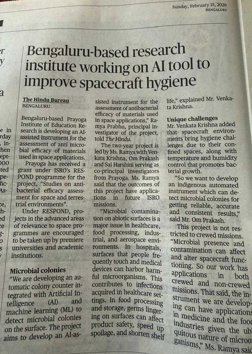 PrayogaIER's tweet photo. #Prayoga’s #ISRO RESPOND Basket 2024 project featured in #TheHindu on 15th February, 2026! The team is developing an AI-assisted tool to evaluate antibacterial materials for space applications—a study aligned with UN #SDG9 #SDG17
Link to the article: https://t.co/gyyCDHFB8i https://t.co/dxTdrVsWZN