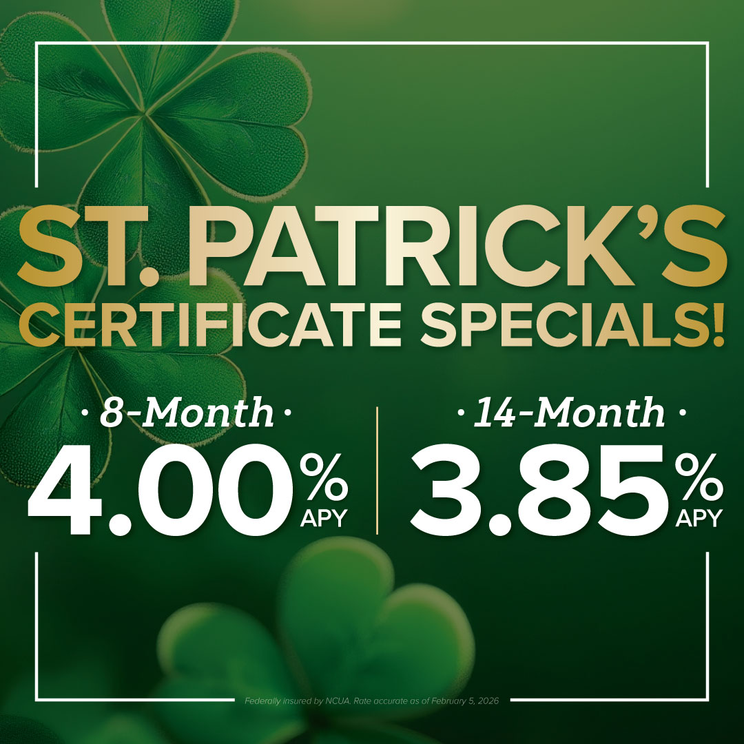 Luck is on your side! Get 4.00% APY on 8-month and 3.85% APY on 14-month certificates! Open online today! bit.ly/47GOhhp