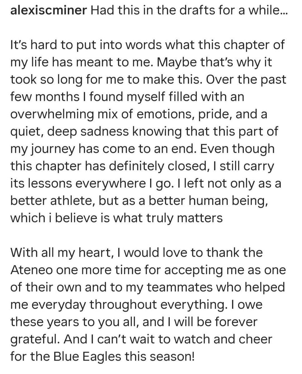 Had this in the drafts for a while...

With all my heart, I would like to thank the Ateneo one more time for accepting me as one of their own and to my teammates who helped me everyday throughout everything. I owe these years to you all, and I will be forever grateful.