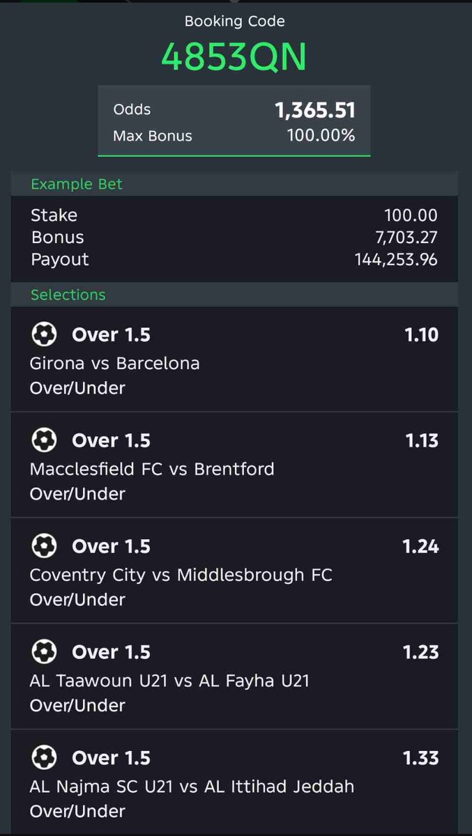 1,365 ODDS

Sportybet Code.  4853QN

Join Telegram Channel t.me/CindyKBDTips

Kindly Retweet 🔁