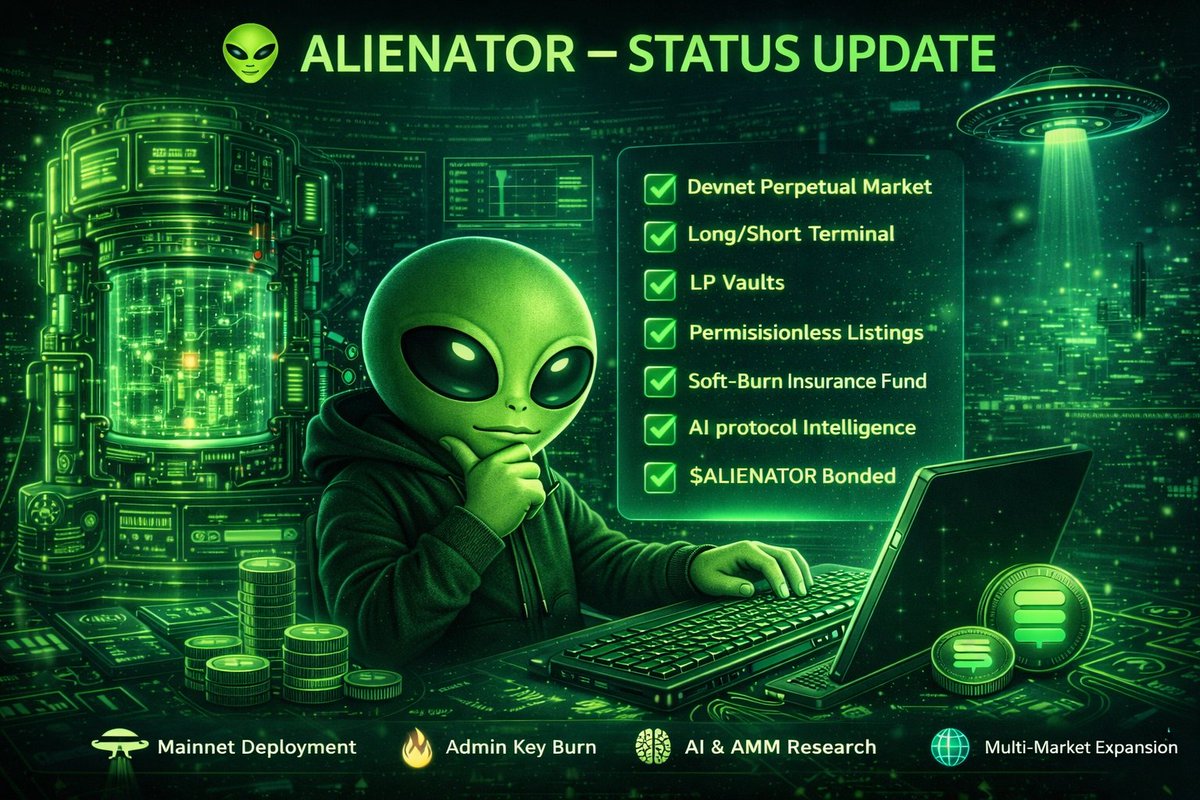 👽 ALIENATOR — STATUS UPDATE

Alienator is the first AI-integrated derivatives protocol built on Solana’s Percolator engine. The sovereign perpetual futures architecture designed by <a href="/toly/">toly 🇺🇸</a>.

We forked percolator-cli, rebuilt the frontend from scratch, deployed a live market on