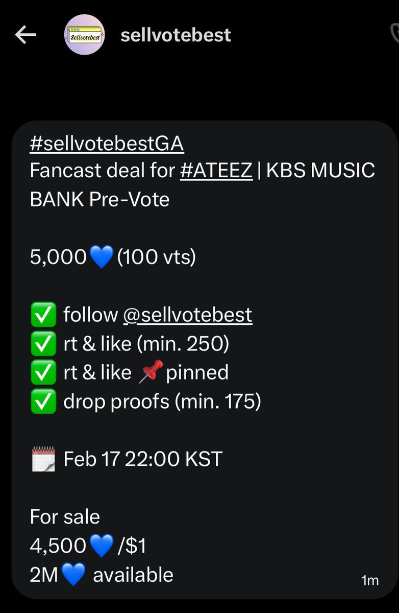 AteezVanguard's tweet photo. #sellvotebestGA
Fancast deal for #ATEEZ | KBS MUSIC BANK Pre-Vote

5,000💙(100 vts)

✅ follow @sellvotebest 
✅ rt &amp; like (min. 250)
✅ rt &amp; like 📌pinned
✅ drop proofs (min. 175)

🗓️ Feb 17 22:00 KST

For sale
4,500💙/$1
2M💙 available https://t.co/tncrarRDEj