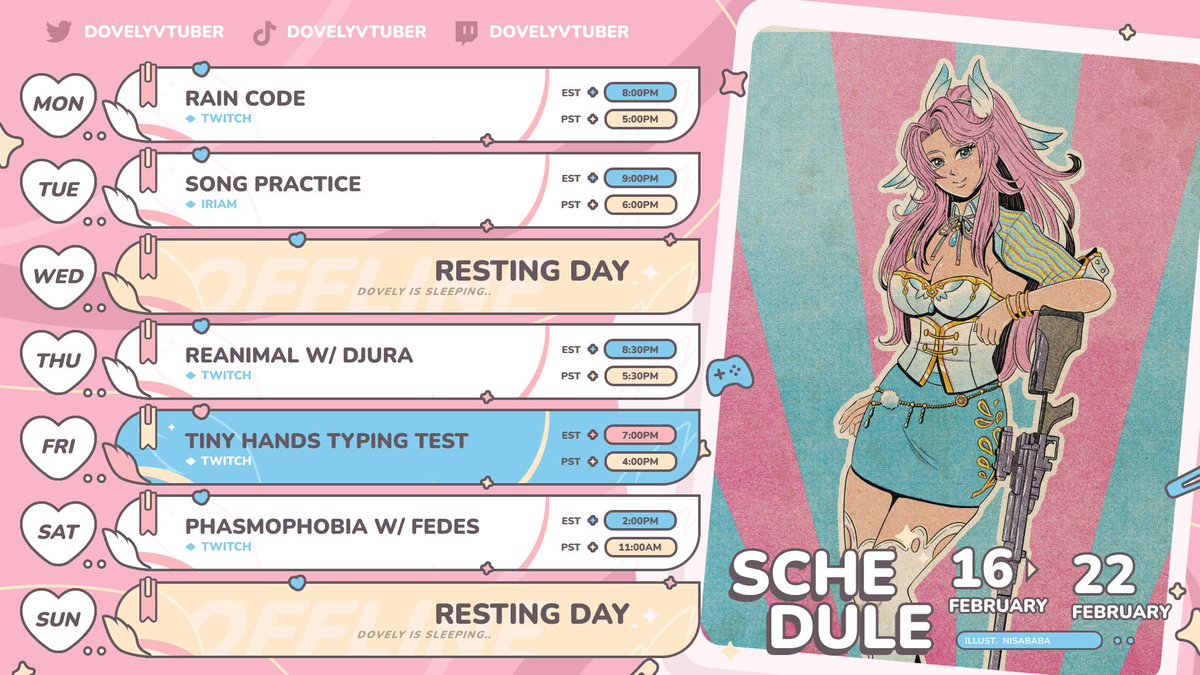Schedule this week!
💜 twitch.tv/dovelyvtuber
🫧 web.iriam.app/s/user/NXlZkVX…
▶️ youtube.com/@DovelyVtuber
🎥 tiktok.com/@dovelyvtuber
📷 instagram.com/dovelyvtuber
👾 discord.gg/mjN47vTWT6
🏬 dovelyvtuber-shop.fourthwall.com 
Schedule Template by @/raizumi