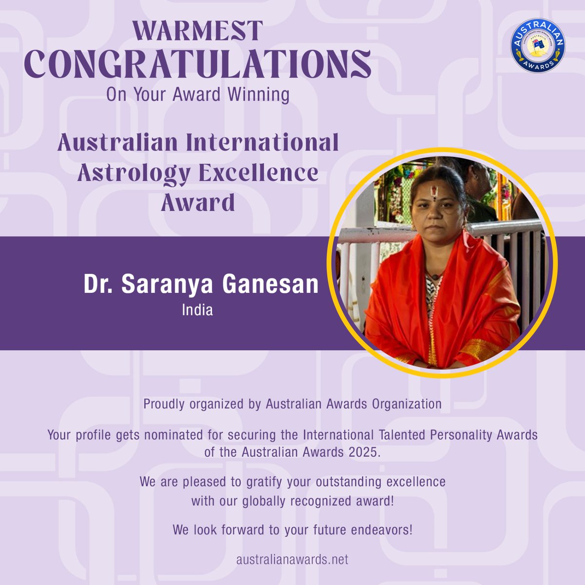 australiaaward's tweet photo. !!! CONGRATULATIONS !!!

Dr.Saranya Ganesan - India has bagged the Award in the field of Australian Awards Award for Australian International Astrology Excellence Award proudly presented by Australian Awards

#awards #Australianawards

More info :
https://t.co/qCTRZMETww https://t.co/61fJApGLYM