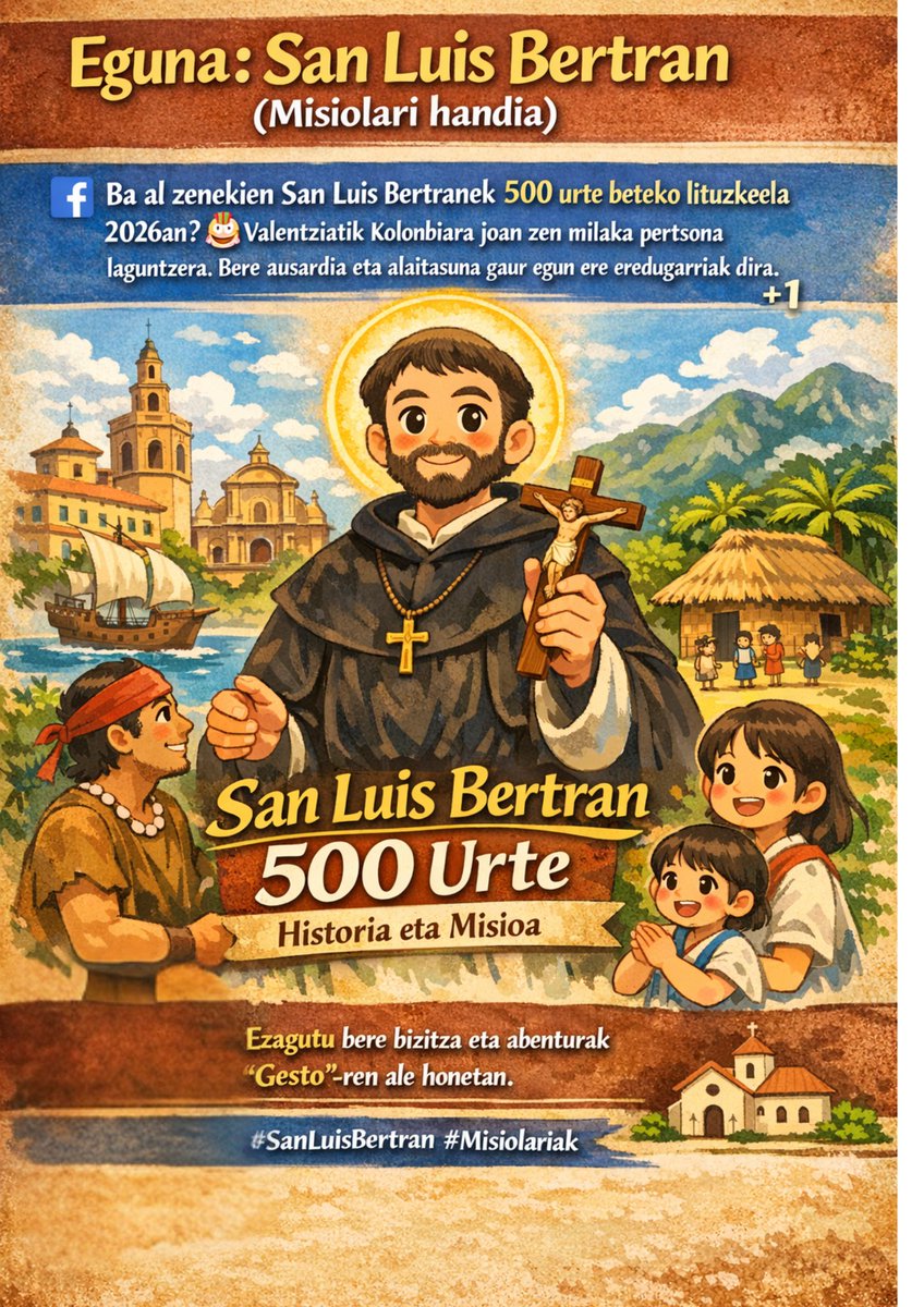 Ba al zenekien San Luis Bertranek 500 urte beteko lituzkeela 2026an? 🎂 

Valentziatik Kolonbiara joan zen milaka pertsona laguntzera. Bere ausardia eta alaitasuna gaur egun ere eredugarriak dira.

Ezagutu bere bizitza eta abenturak "Gesto"-ren ale honetan. ⛪️ #GestoAldizkaria