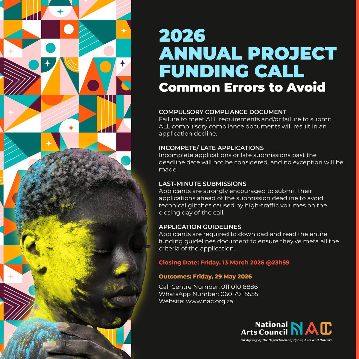 The National Arts Council of South Africa is pleased to announce the Annual Project Funding Call for applications for the 2026-2027 Financial Year. We invite individual arts practitioners, registered arts organisations &amp; community art centres to apply.

💻dsac.gov.za/National%20Art…