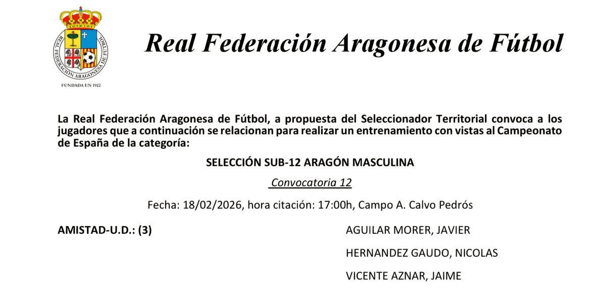 ⚽️ Javier Aguilar, Nicolás Hernández y Jaime Vicente, convocados esta semana con la Selección Sub 12.

👏 Enhorabuena a los tres!

#VamosAmistad #CanteraDeAragón #TodoAlRojo