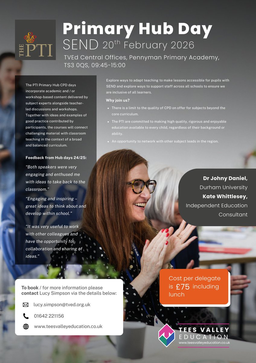 teesvalleyed's tweet photo. Still time to book for our PTI event this Friday!
Exploring practical ways to adapt teaching for pupils with SEND and support inclsive practice in primary schools.
📅 20th February 2026 |📍TVEd Central Offices
💷 £75 per delegate (includes lunch)
#TVEd #SEND #CPD https://t.co/wF31Fha2hN