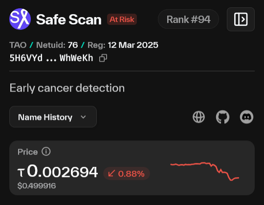 gonzalo_fuente1's tweet photo. God save SUBNET 76 👑❤️🩹
I'd hate to see #sn76 deregistered, a subnet (@SAFESCAN_AI) whose noble purpose is to detect skin cancer and which is perhaps to blame for not creating hype on social media to pump up the price....
At the end of the year, @dsvfund saved it.
Is there nothing else that can be done? 🤔
$tao community can/want to help ?
-
-
-
What do u think ? Fair 👍