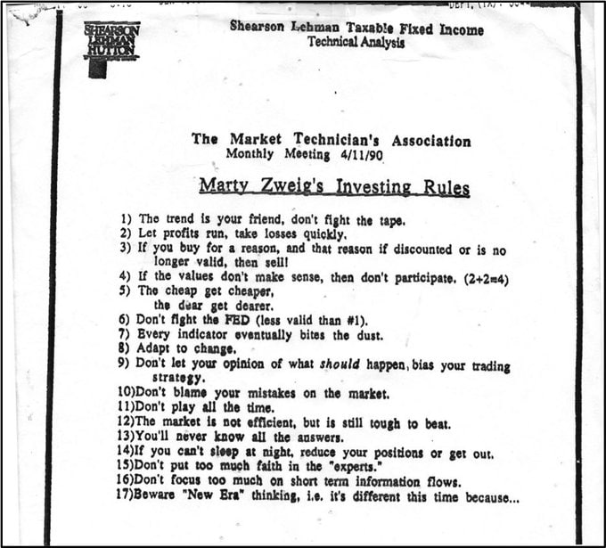 Martin Zweig’in 17 Trading Kuralı

1. Trend senin dostundur, fiyatla kavga etme.
2. Yükselen hissene dokunma, kayıplarını anında kes.
3. Hisseyi alma sebeplerin artık geçerli değilse, hisseyi sat.
4. Eğer fiyatlarda içine sinmeyen bir şeyler varsa, uzak dur.
5. Düşen hisse daha