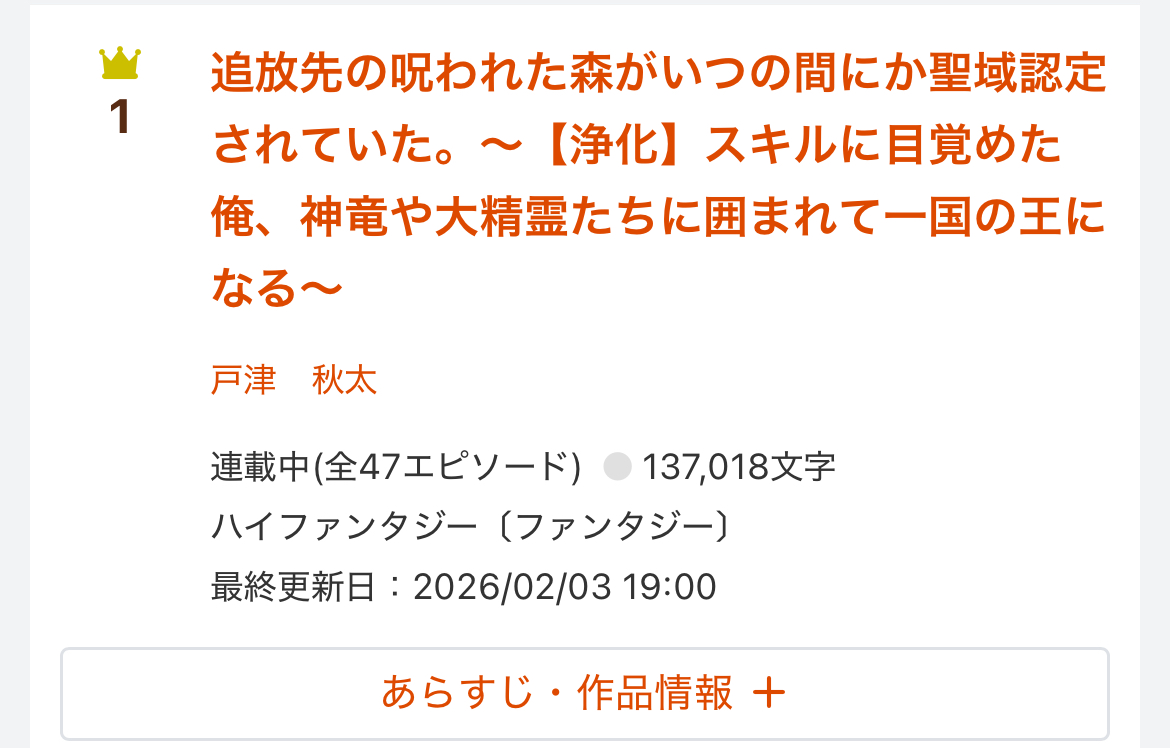 書籍発売の影響で小説家になろうさんの注目度ランキング１位になってました！
ランキングの仕組みはよくわかっていないですが、嬉しい！

カクヨムさんでもトップページにバナーが掲載されている影響で普段よりも読まれていてありがたいです。
書籍版ともどもよろしくお願いします🙏🙏
