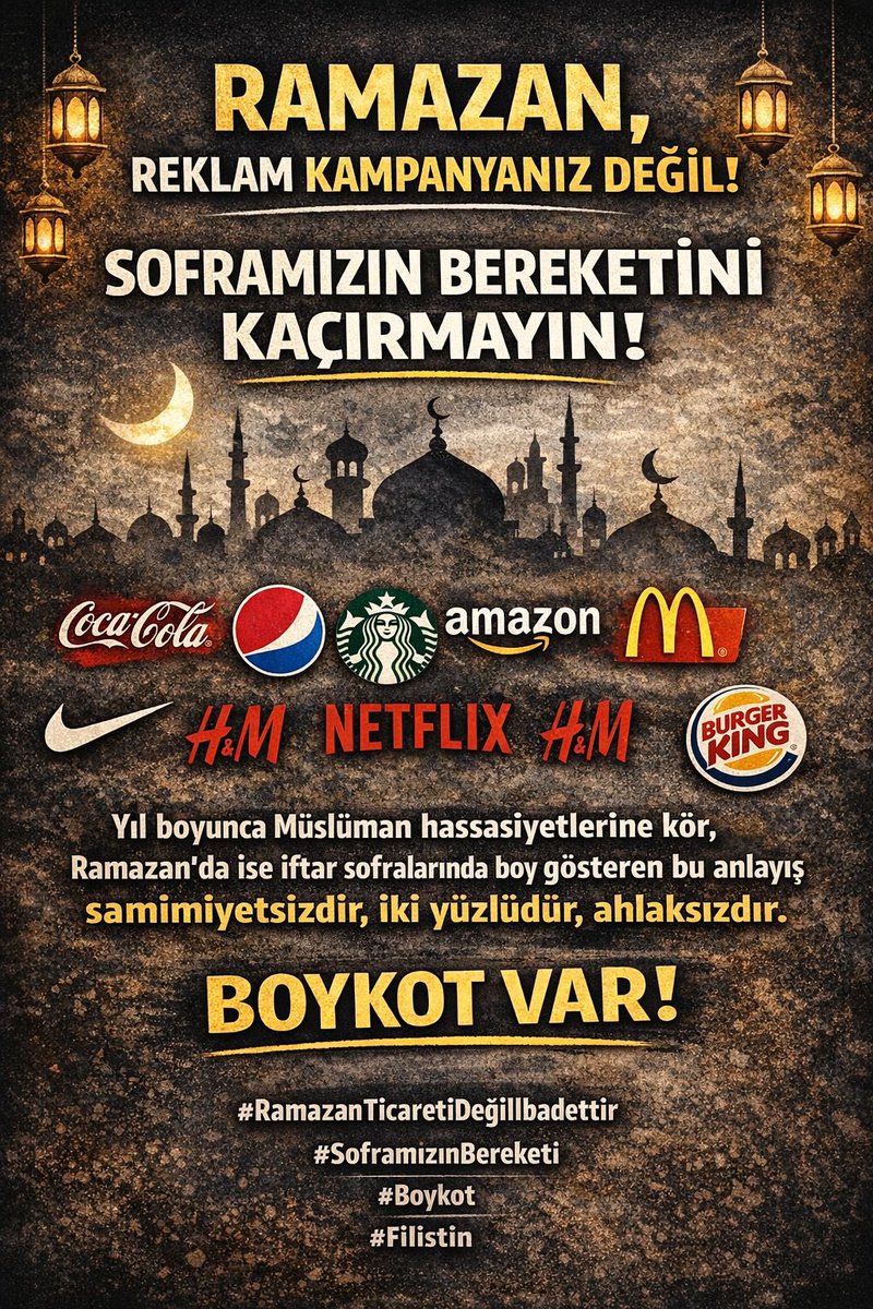RAMAZAN SİZİN REKLAM KAMPANYANIZ DEĞİL!

SOFRAMIZIN BEREKETİNİ KAÇIRMAYIN!

İnancımıza mesafeli olanların,
değerlerimizi yok sayanların,
zulme sessiz kalıp Ramazan gelince sahneye çıkanların
bu ayı ticari fırsata çevirmesini AÇIKÇA KINIYORUZ.

Yıl boyunca Müslüman