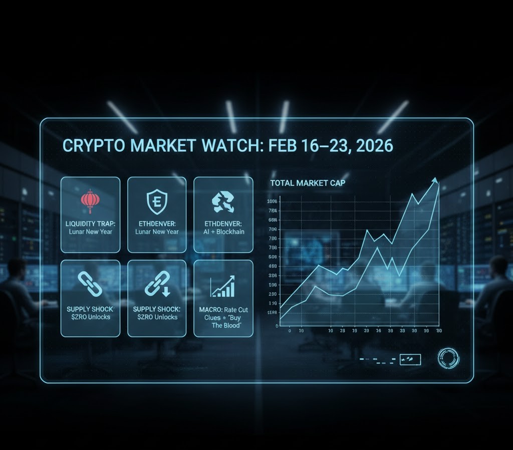 Crypto Market Watch: Feb 16–23, 2026 

1️⃣Thin liquidity today (China + US holiday) → higher volatility
2️⃣ETHDenver (Feb 17–21) → AI x Blockchain focus
3️⃣$43M+ $ZRO unlock (Feb 20) → potential sell pressure
4️⃣FOMC notes Wed → 2026 rate cut signals. 
5️⃣Fear Index: Extreme 12