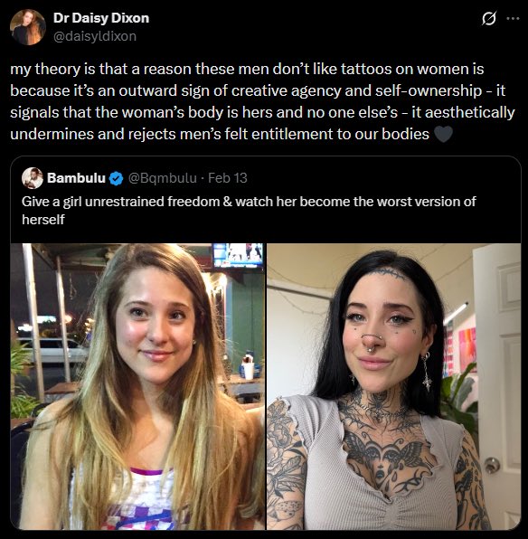 The ONLY thing tattoos are a sign of is high anxiety. Male or female, multiple tattoos means, “I am overly sensation-seeking and above-average concerned with other people’s perception of me.” Whether this is right or wrong is its own conversation, but that anxiety is the common