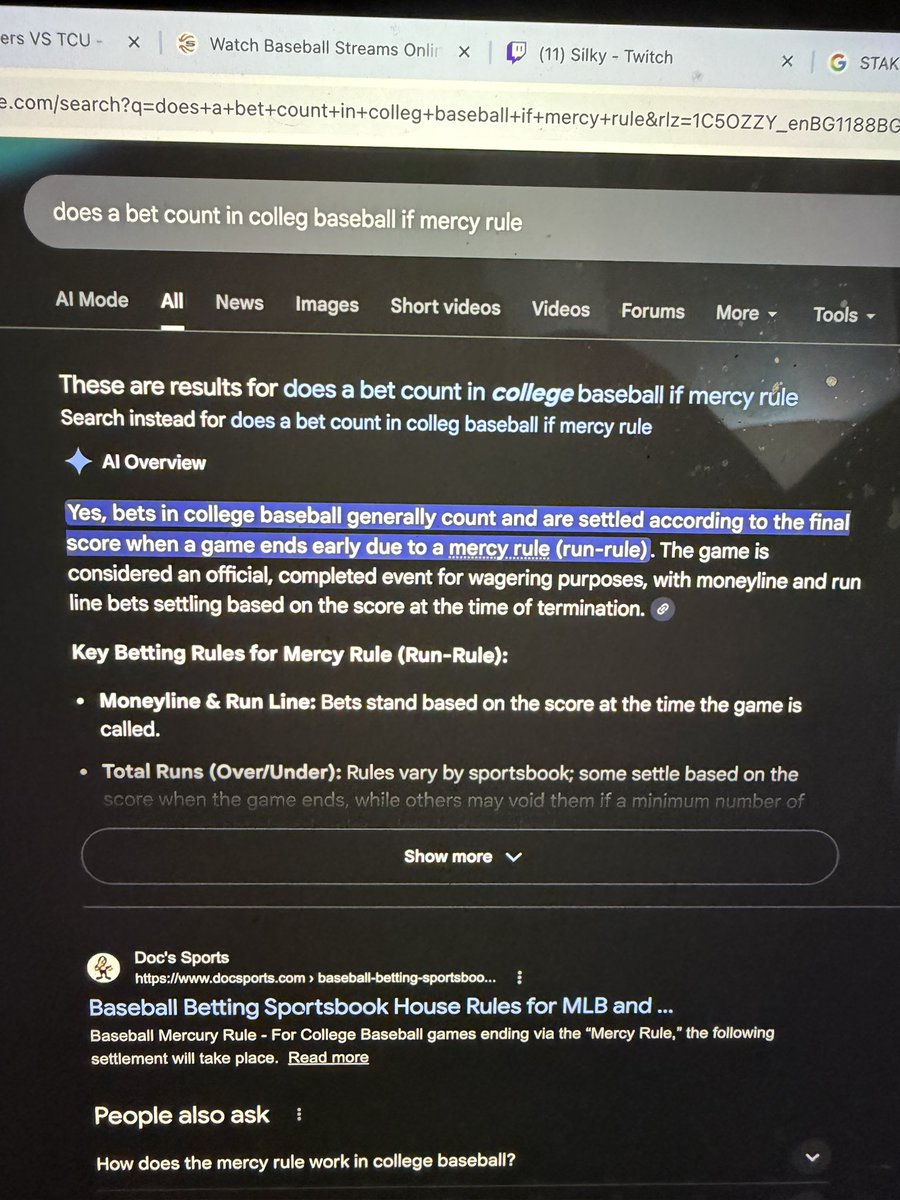 Spread the word <a href="/Stake/">Stake.com</a> and <a href="/StakeEddie/">Eddie</a> are scamming people with their sports book , the Oklahoma and tcu game spread was at -8.5 but in college baseball theirs a mercy rule which Oklahoma completed in the 7th inning , every sports book honors the bet but <a href="/Stake/">Stake.com</a> won’t