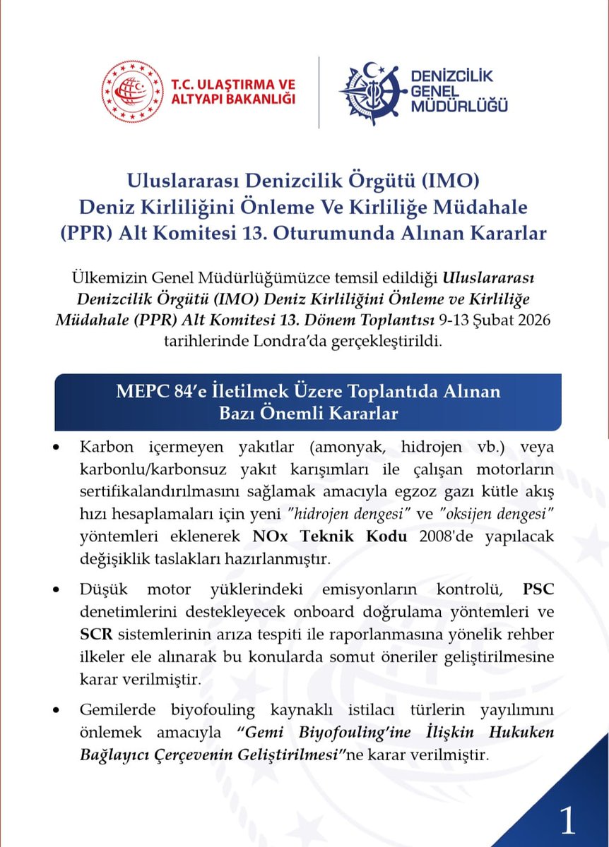 denizcilikgm's tweet photo. 🚢 IMO Deniz Kirliliğini Önleme ve Kirliliğe Müdahale (PPR) Alt Komitesi’nin 13. Oturumu, 📅 9-13 Şubat 2026 tarihleri arasında gerçekleştirilmiş olup ülkemiz Genel Müdürlüğümüzce temsil edilmiştir.

Toplantıda öne çıkan bazı önemli kararlar aşağıda yer almaktadır.⬇️ https://t.co/pzmWy4Nt9A