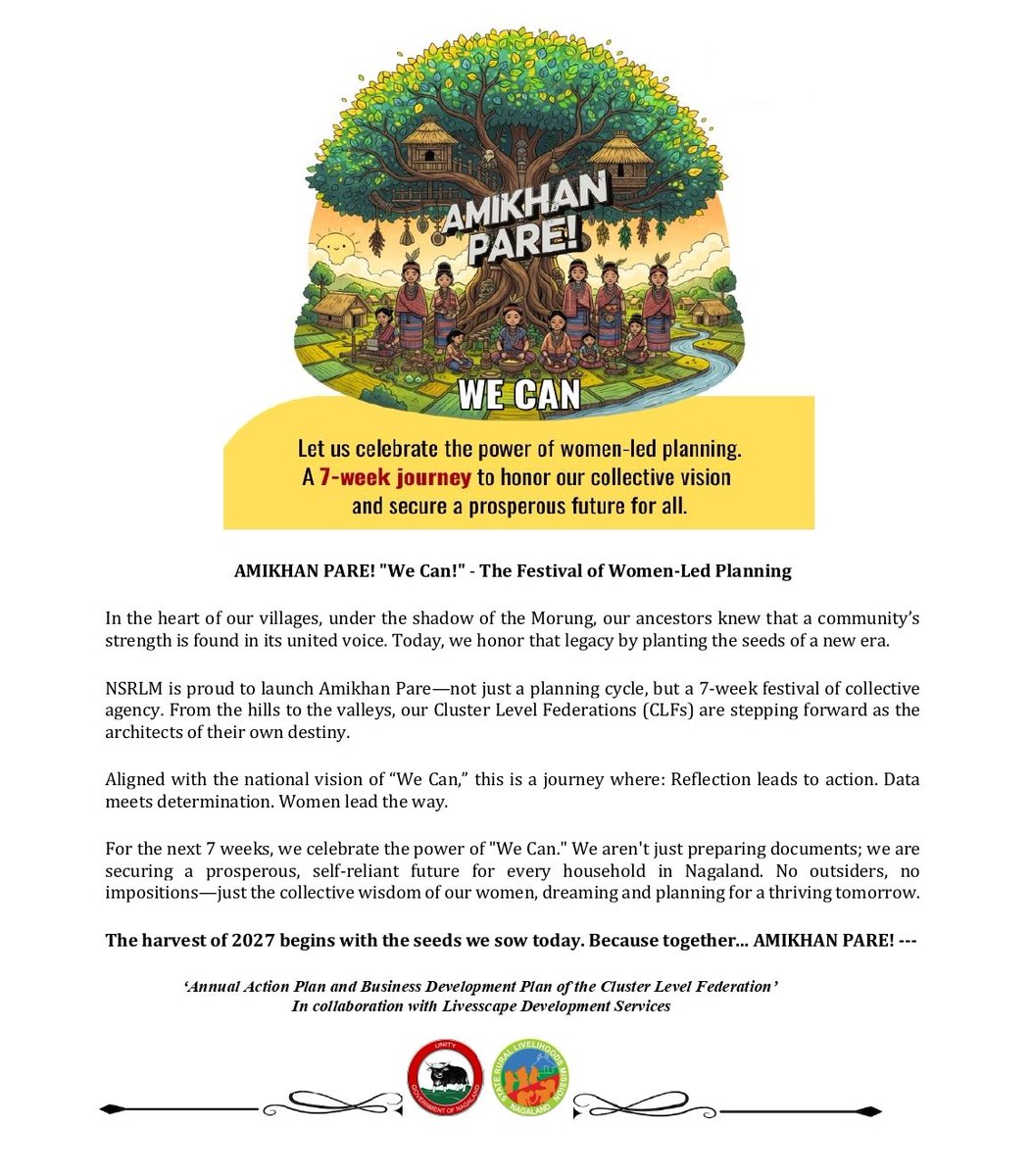 Towards fulfilling aspirations! 
Women-led planning is crucial in ensuring a resilient community. To affect and effect Change,  NSRLM launches Amikhan Pare!-We can! A 7 week festival of collective planning. 
@indiaruraldev 
@day_nrlm 
@mygovnagaland 
@livesscape