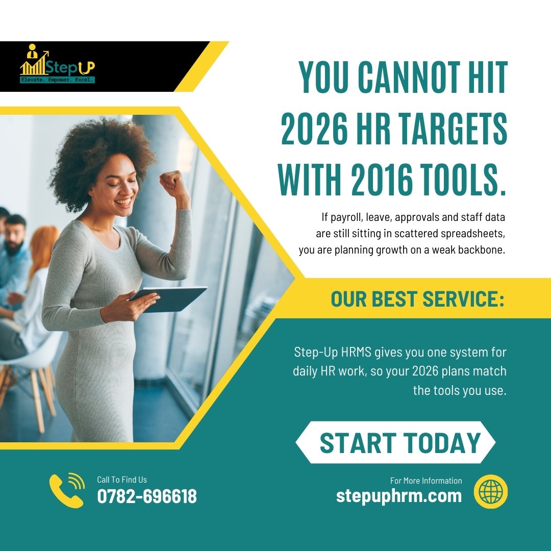 Stepup_HRMS's tweet photo. You cannot hit 2026 HR targets with 2016 tools.

Step-Up HRMS gives you one backbone for payroll, leave, approvals and data.

Run Pro free for one month and see the gap for yourself.
https://t.co/nIK0NMTPjM

#StepUpHRMS #HRTech #HRKenya https://t.co/sB139NT0sz
