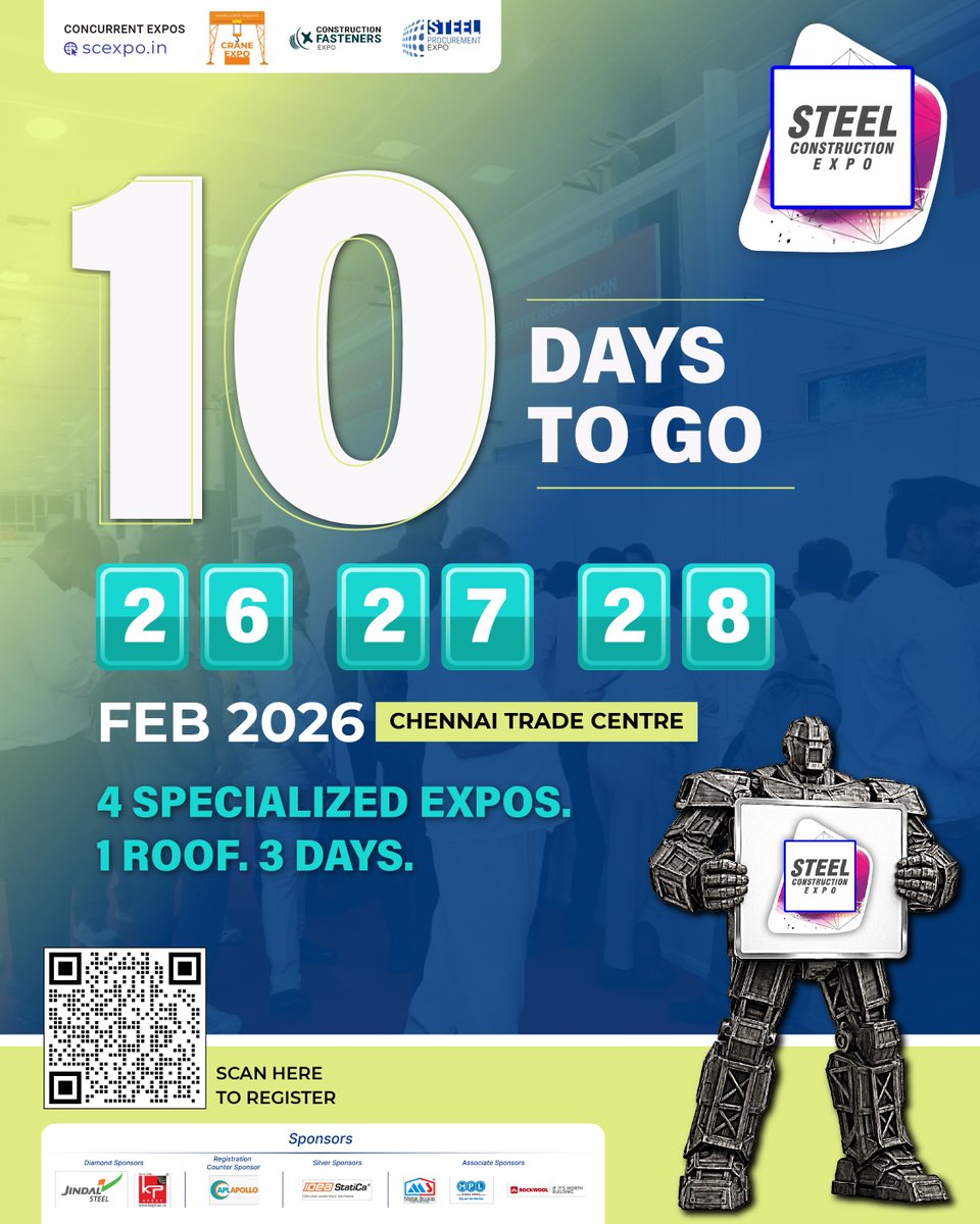 The countdown is officially begun!  

Now is the ideal time to plan your visit, register and prepare to network with the leaders shaping the future of infrastructure.

Conference Delegate: 
scexpo.in/steel-construc…

Expo on Steel Construction: scexpo.in/chennai-2026/