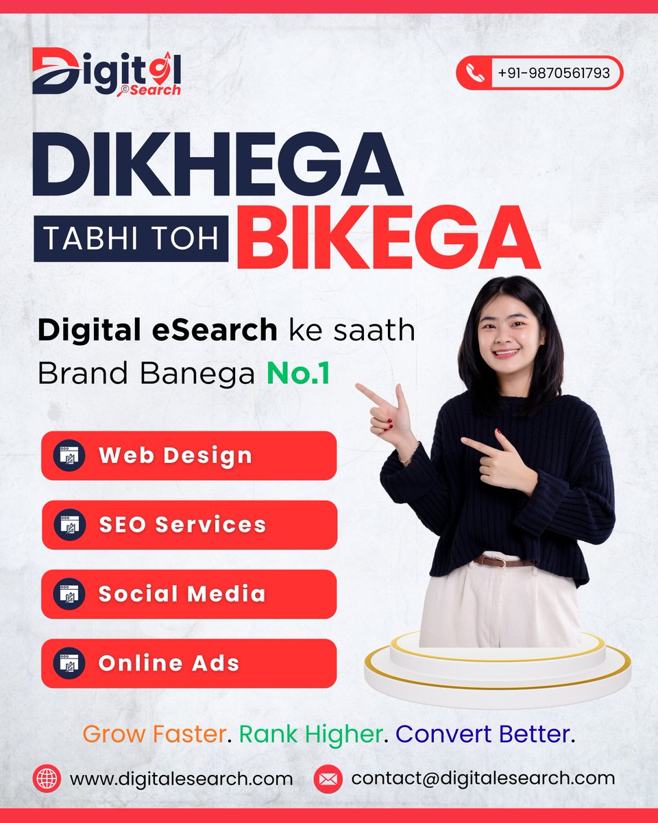 digitalesearch's tweet photo. Dikhega Tabhi Toh Bikega!

Agar aapka #business online visible nahi hai, toh #sales kaise badhegi? Digital eSearch ke saath:

💻 Stunning Web Design
📈 Result-Driven SEO
📲 Engaging Social Media
🎯 High-ROI Online Ads

Let’s make your brand No.1 in your industry.

#seoagency https://t.co/y7NOpg9269