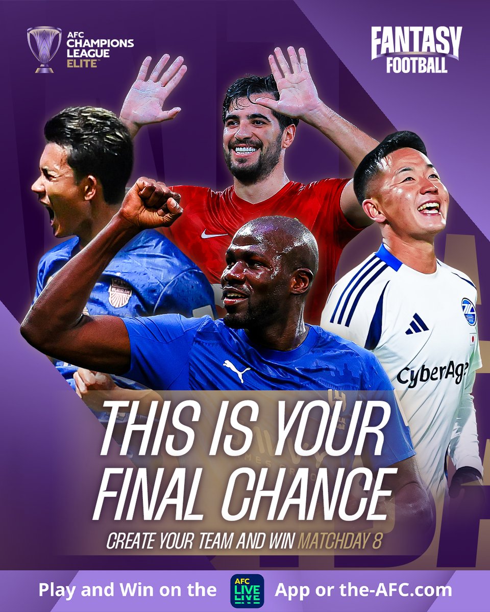 TheAFCCL's tweet photo. FINAL GROUP STAGE CHANCE! ๐จ
Don't forget to lock in your #ACLEliteFantasy squads and win exciting prizes ๐
Visit https://t.co/MABMudflk8 or the AFC LIVE App to play ๐ฎ https://t.co/XWAmVWYwFn