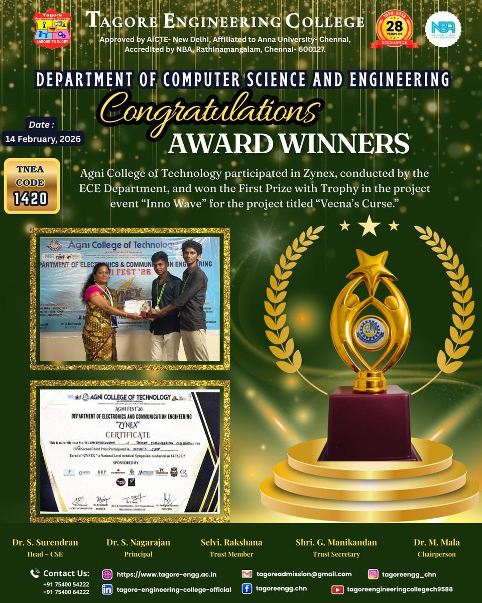 TagoreEngg_Chn's tweet image. #FirstPrize #Zynex #InnoWave #VecnasCurse
#CSE #Innovation #TagoreEngineeringCollege #AgniCollegeOfTechnology
#ProudMoment