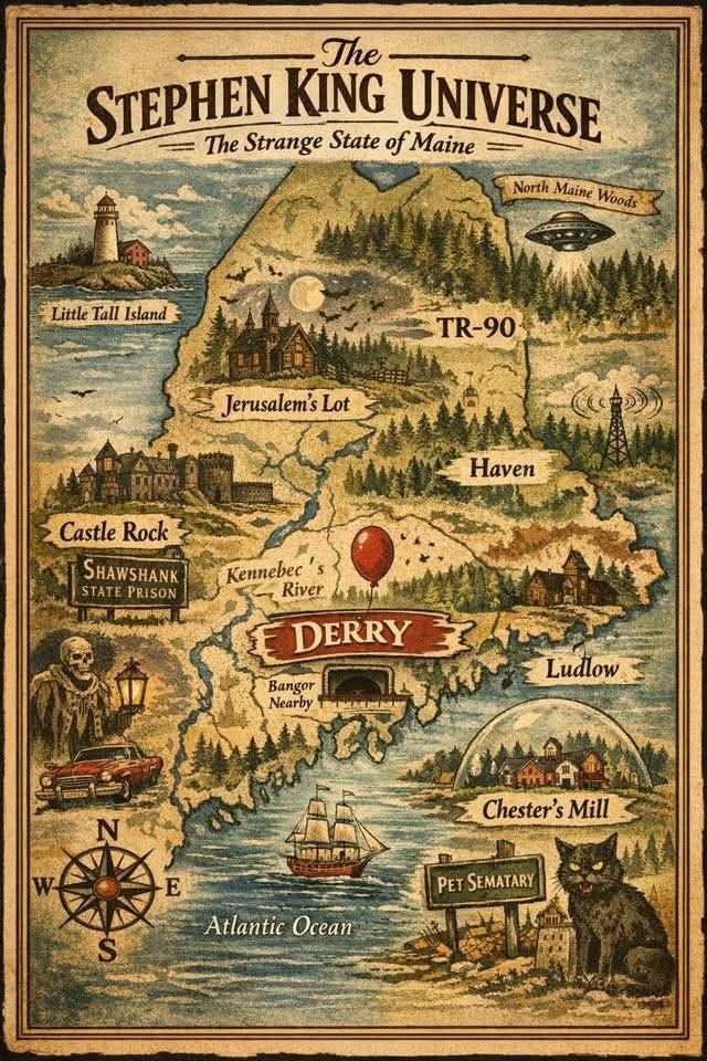 The Stephen King Universe 

Often called the Kingverse or Macroverse, it is a vast literary and cinematic multiverse where nearly all of his stories are loosely or directly interconnected. Rather than following a strict chronological timeline, it is structured like a web with a