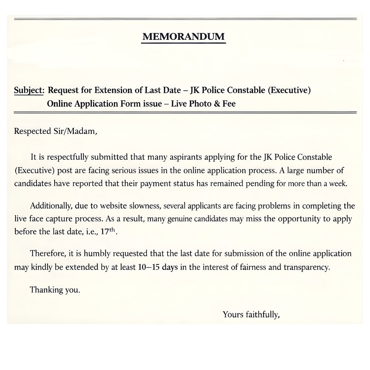 Subject: Request for Extension of Last Date – JK Police Constable (Executive) Online Application Form issue - Live Photo &amp; Fee
Request to <a href="/jkssbofficial/">JKSSB Official</a>
#jkssb #JKpoliceconstable #Applicationform #Recruitment #Jobs #jammu #kashmir