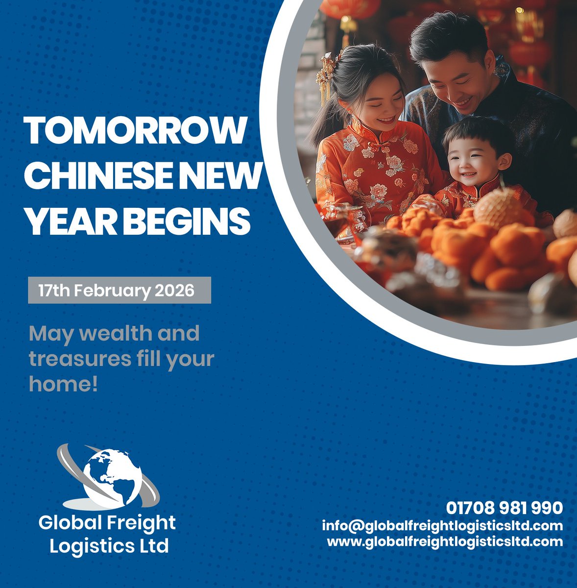 Tomorrow Chinese New Year Begins - May wealth and treasures fill your home!
globalfreightlogisticsltd.com
#global #freight #logistics #supplychain #GlobalFreightLogistics #Chinesenewyear