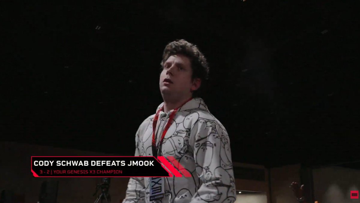 The greatest losers run of all time, bar none, full stop.

3-0 Inky
3-1 Ginger
3-2 Zain
3-0 SDJ
3-0 Hungrybox
3-1 Krudo
3-0 Wizzrobe
3-2 Salt
3-2 Soonsay
3-0 Jmook
3-2 Jmook

Cody Schwab is your GX3 grand champion!