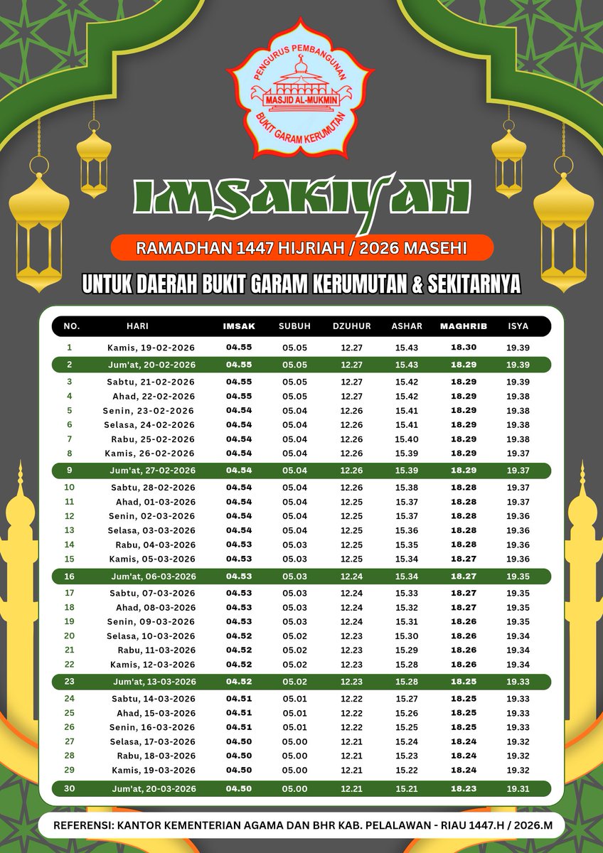 IRAMA_AKBAR's tweet photo. Imsakiyah Ramadhan, 1447.H/2026.M
Untuk daerah Bukit Garam Kerumutan Pelalawan - RIAU https://t.co/fKKuDzO8a2