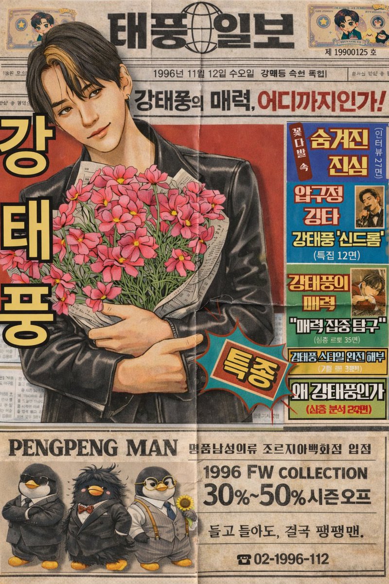1996년 신문 정리하다가 발견함.
왜 강태풍만 아직도 현재진행형??
※ 실제 신문 아님, 팬아트입니다
#이준호 #LeeJunho #태풍상사 #강태풍  #팬아트 #레트로감성 #뉴트로 #Kdrama #fanart #레트로디자인