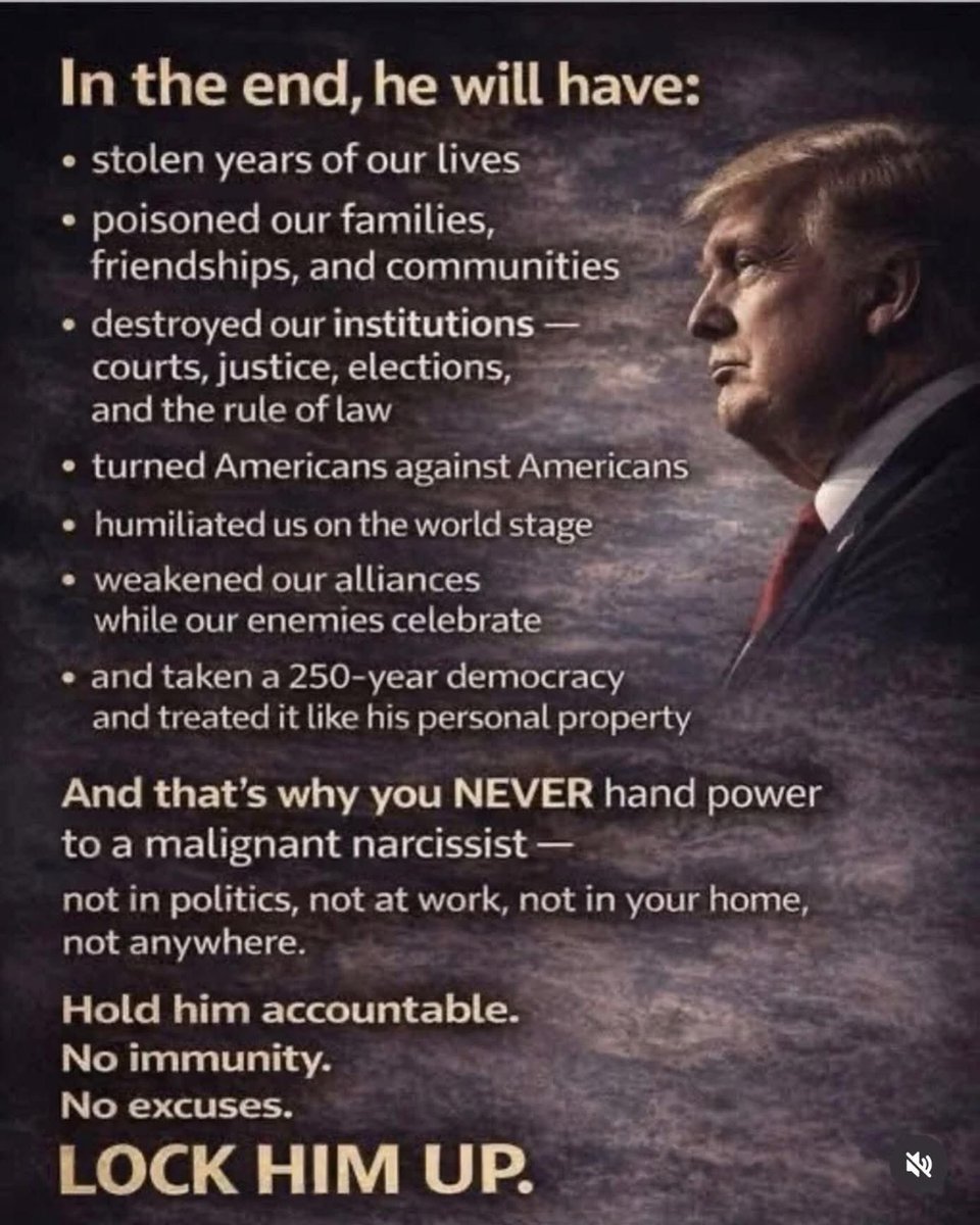 In the end, the damage speaks for itself. 

This is why you never hand power to someone driven by ego, grievance, and control…not in government, not at work, not in your home, not anywhere.

The bots on this platform (and there are thousands) will try to convince you everything