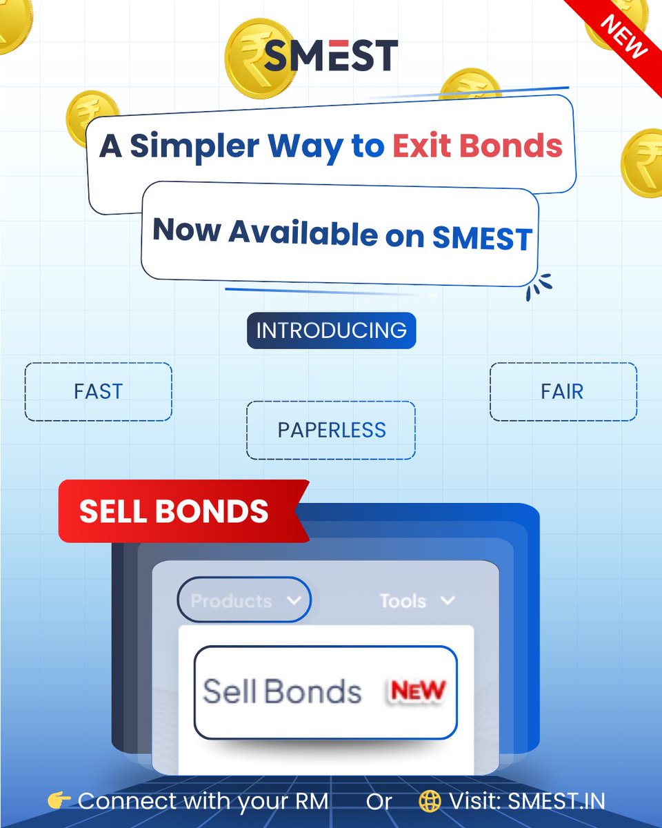 SmestCapital's tweet photo. Sell Bonds in Minutes. No Paperwork. No Stress.⚡

SMEST now lets you exit bonds —
✔ Paperless 🖥️
✔ Transparent 🔎
✔ Digitally compliant 🛡️
✔ Dealer-validated 🤝

👉 Sell Your Bonds with SMEST

#CorporateBonds #BondInvesting #FixedIncome #DebtMarket #BondLiquidity https://t.co/782FhFjkUB
