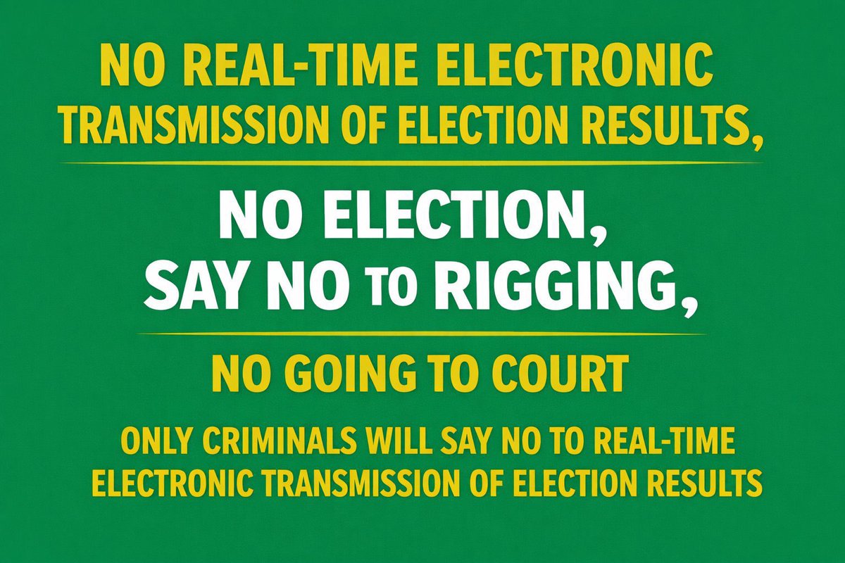 ABUJA: Guys come out massively now. It is 8am in less than an hour time.

Mandatory Electronic Transmission of Results after counting in the Polling Units is a MUST.

No to any Manual transmission alternative. It is a rigging plan.

No to mutilation of result sheet. #OccupyNASS