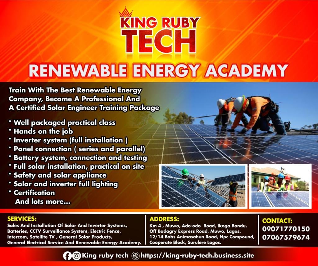 🔆 Solar &amp; Inverter Installation Training 🔆
📍 Mowo, Badagry – Lagos 
✅ 3 months (Theory + Practical)
💰 Fee: ₦100,000
🏠 Accommodation: ₦40,000 (optional)
📞 Call/WhatsApp: 0706757967

El-Rufai Rema RIP Legend Barca 4-0 Funsho Williams