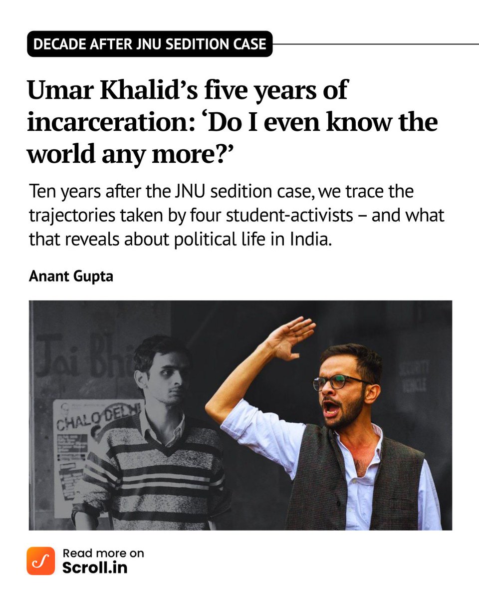 scroll_in's tweet image. Before his prolonged incarceration, #UmarKhalid used to believe that he knew the world quite well. 

Now, as the trial is yet to begin, the restive feeling he once felt has “metamorphosed to resignation”. scroll.in/article/109075…

@AnantGuptaAG traces his journey from 2016 to