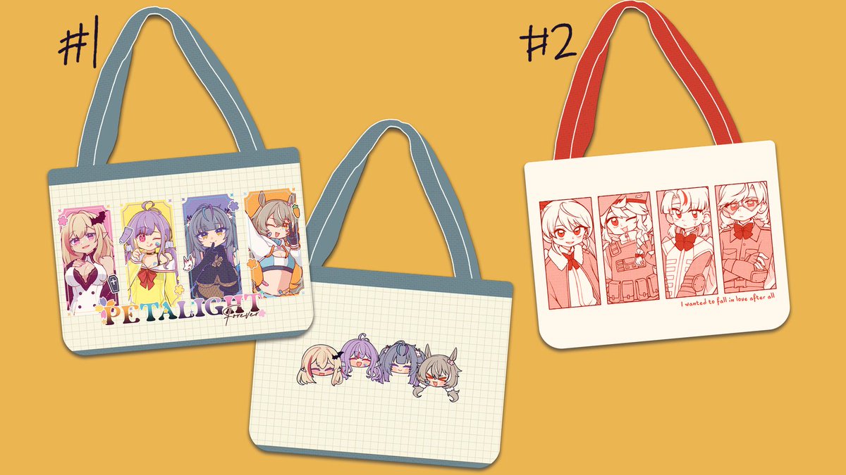 hai hai, doing a quick poll on what style of tote bag I should do 

#1 style - Full color 
#2 style - Screentone + main color + maybe secondary color? (would do diff colors for each vtuber) 

and then another poll below on if I should work on Densetsu.EXE or BEASTIEZ first thx