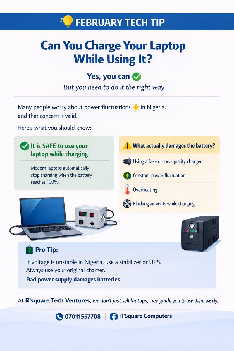 AzizLuv1155's tweet photo. Your laptop battery is not your enemy.
Wrong charging habits are.
Stop draining to 0 percent before charging.
Stop overcharging all night.
Charge smart. Use smart.
February Tech Tip from R Square Tech Ventures
Call 07011557708
#RSquareTech
#TechTips
#SmartUsers https://t.co/BS7fnYW5GC