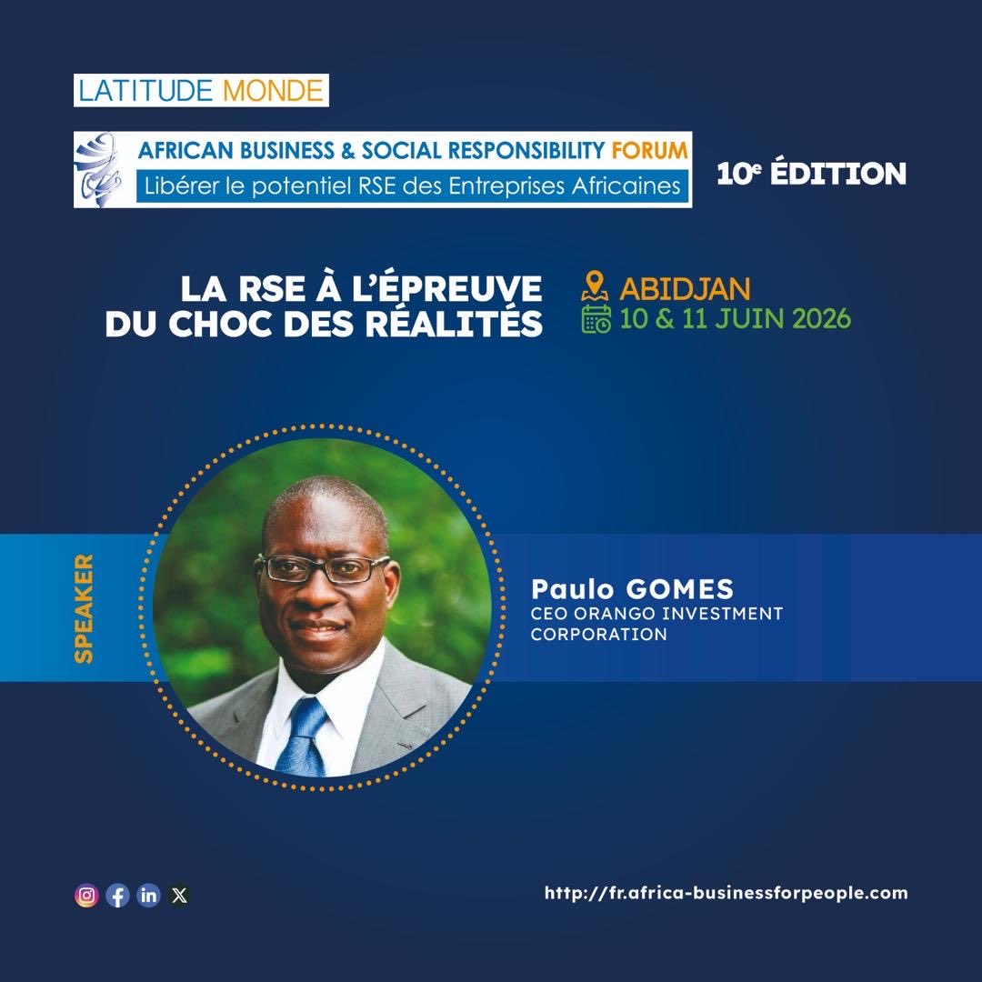 Nous sommes honorés d’accueillir Paulo Gomes, CEO Orango Investment Corporation , comme speaker de la 10e édition de l’African Business and Social Responsibility Forum. 

📍Cap sur Abidjan, les 10 &amp; 11 juin 2026.

💻 contact@latitudemonde.com

#rse #impact #afrikadurable