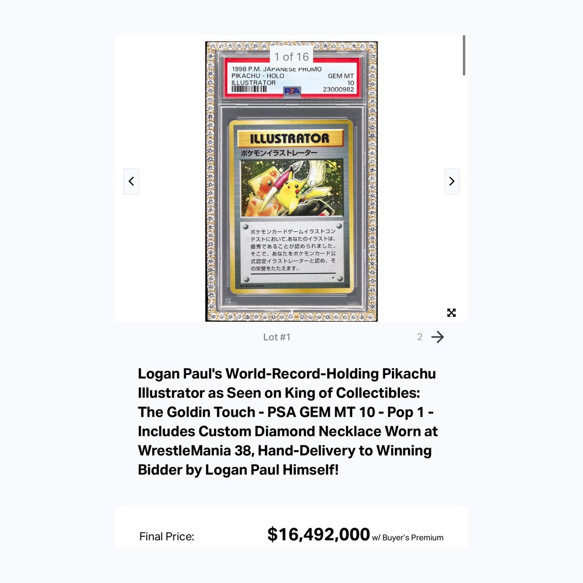 Logan Paul makes history after his Pikachu Illustrator Pokemon Card SOLD for $16.5M Logan Paul makes history after his Pikachu Illustrator Pokemon Card SOLD for $16.5M