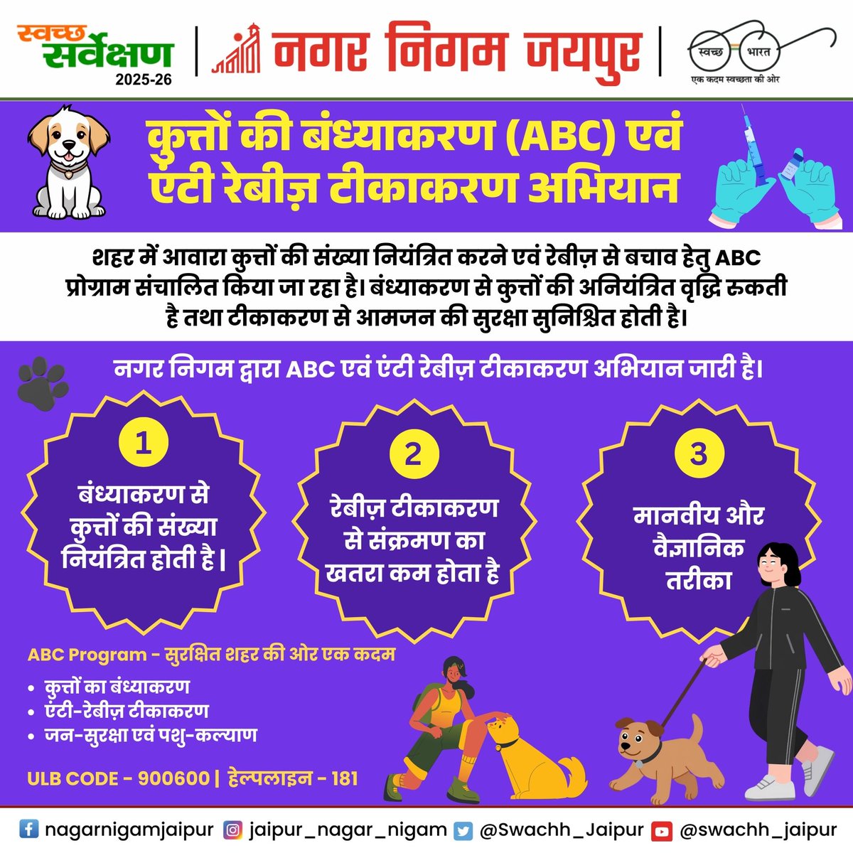 Swachh_Jaipur's tweet image. 🐾 श्वानों की बंध्याकरण (ABC) एवं एंटी-रेबीज़ टीकाकरण अभियान
नगर निगम जयपुर द्वारा शहर को सुरक्षित व स्वस्थ बनाने की पहल।
बंध्याकरण से संख्या नियंत्रण, टीकाकरण से रेबीज़ से सुरक्षा।

#ABCProgram #AntiRabies 

@RajCMO @SmdsbmU @LSG_Rajasthan @svoruganti1466 @DcDmJaipur