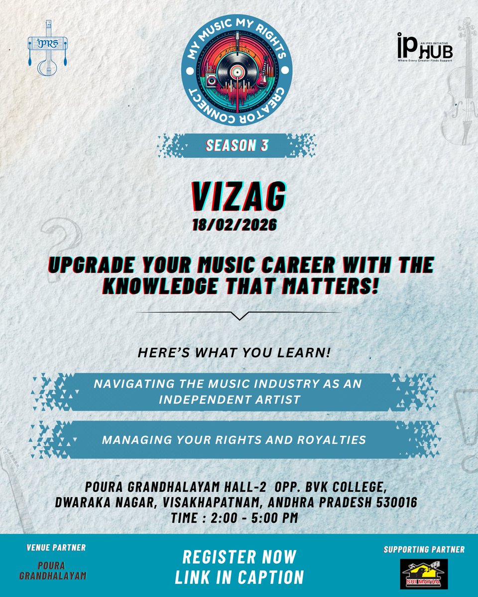 IPRSmusic's tweet photo. Vizag 🎶

My Music My Rights – Season 3
🗓 18 Feb 2026 | ⏰ 2–5 PM
📍 Poura Grandhalayam Hall-2
Learn how to navigate the industry, manage rights &amp; earn your royalties.
🚨 Limited seats.
Register 👉 https://t.co/YlgUcKExmE

#MyMusicMyRights #Vizag https://t.co/xoeQfrAW8W