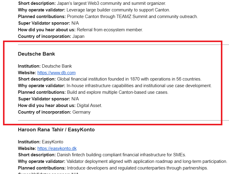 🔔 DEUTSCHE BANK JOINS CANTON NETWORK AS A VALIDATOR 🔔

Deutsche Börse (Deutsche Bank's affiliated exchange group) has actively used Daml for its D7 post-trade platform for several years already. D7 supports digital securities issuance, custody, settlement, and asset servicing.